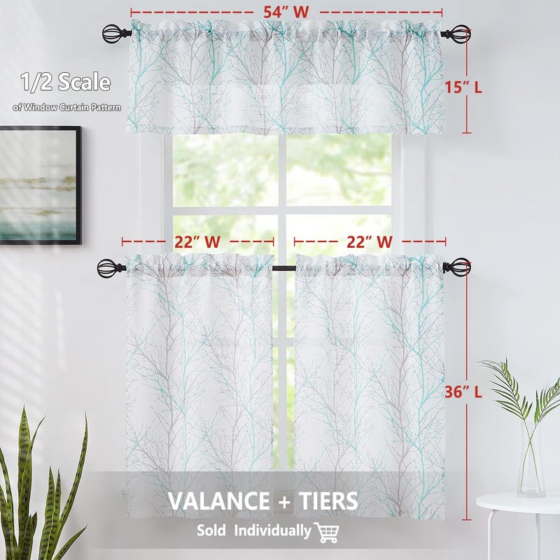 FMFUNCTEX Blue Kitchen Curtains 36â€ Grey Tree Print on White Tier Curtain Set for Small Windows Basement Room Bathroom, 2 Panels - Image 2